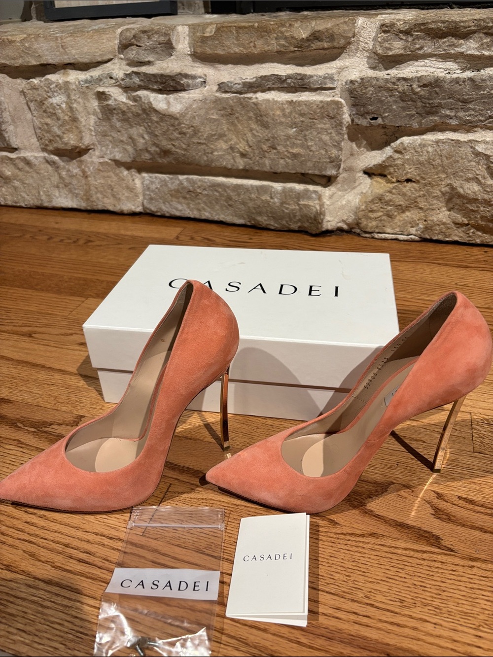 Casadei Coral Suede Pointed-Toe Stiletto Pumps with Gold Heel